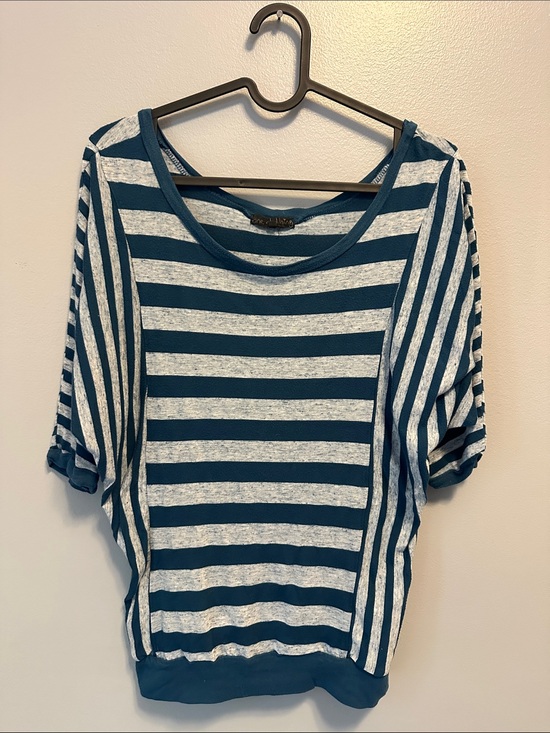 one clothing Tops - one clothing Teal and Light Gray Striped Short Sleeve Scoop Top